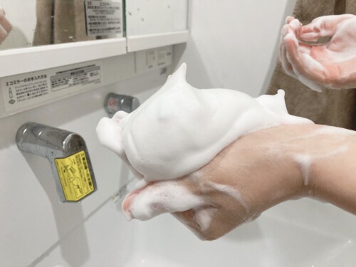 洗顔料を適量手のひらに取り、キメの細かい固めの泡をつくる